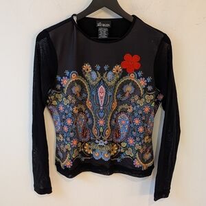 VTG 90s y2K No Boundaries Mesh Sleeve Floral Crochet Detail Long Sleeve Shirt